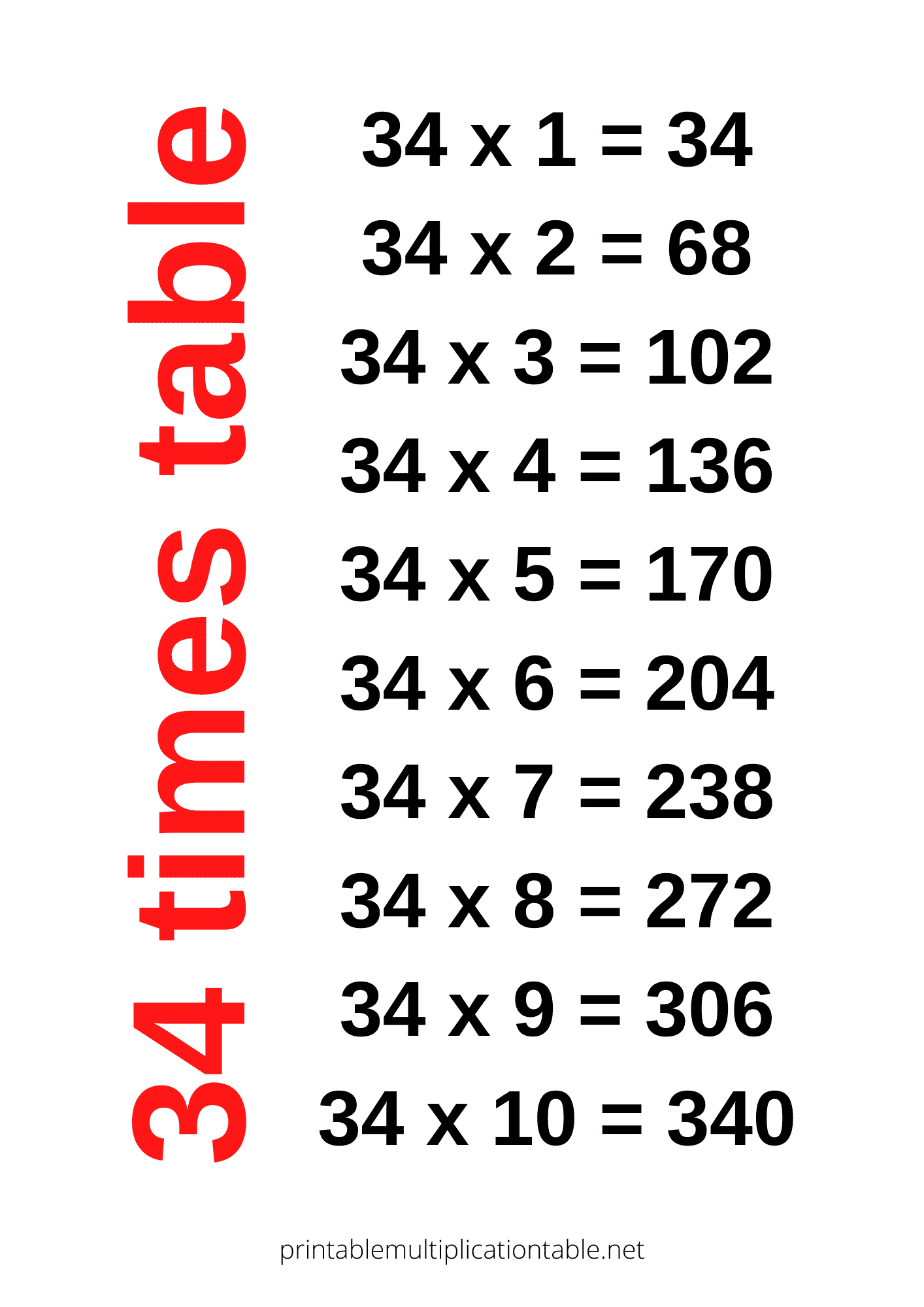 34 times table chart