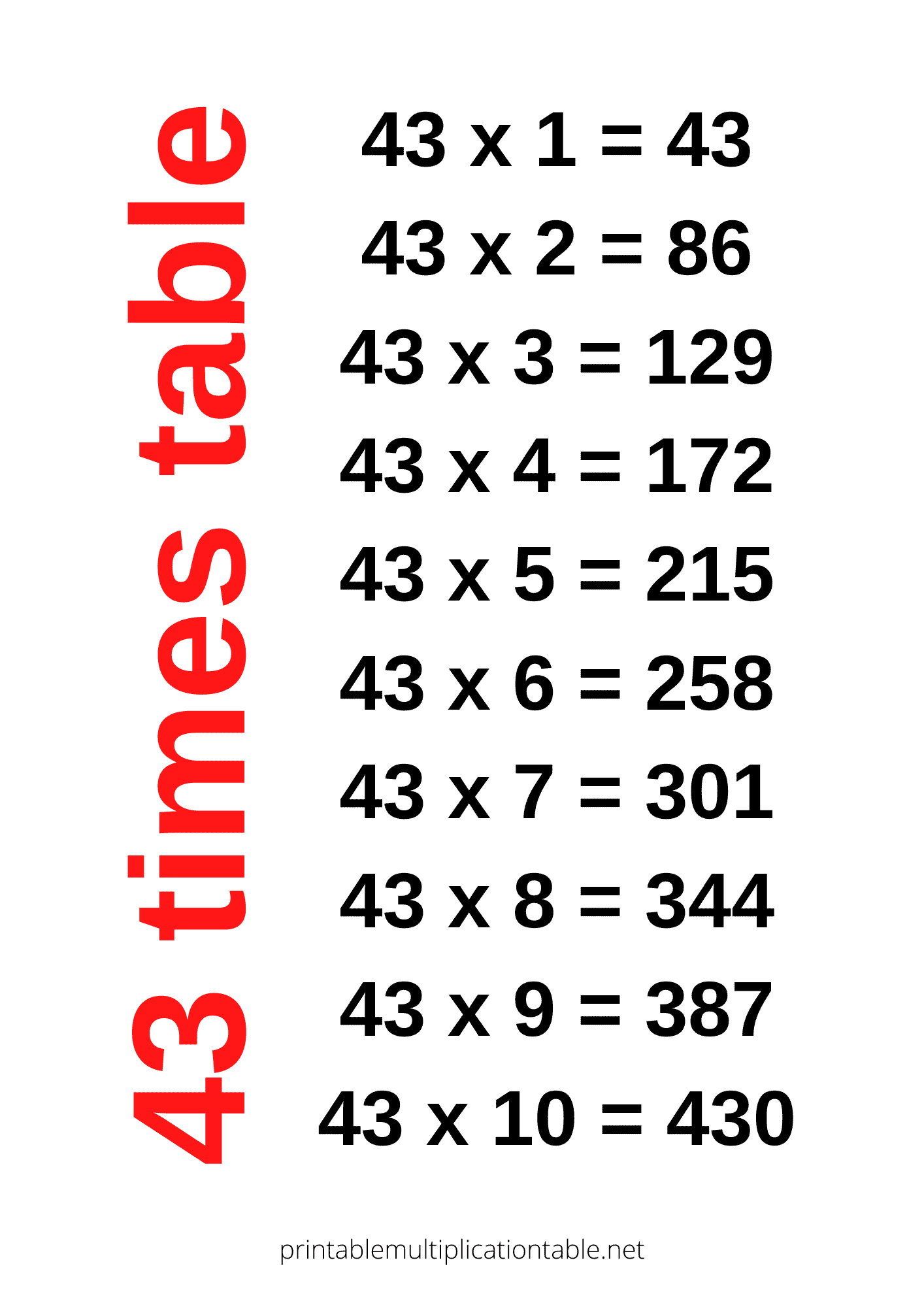 43 times table chart