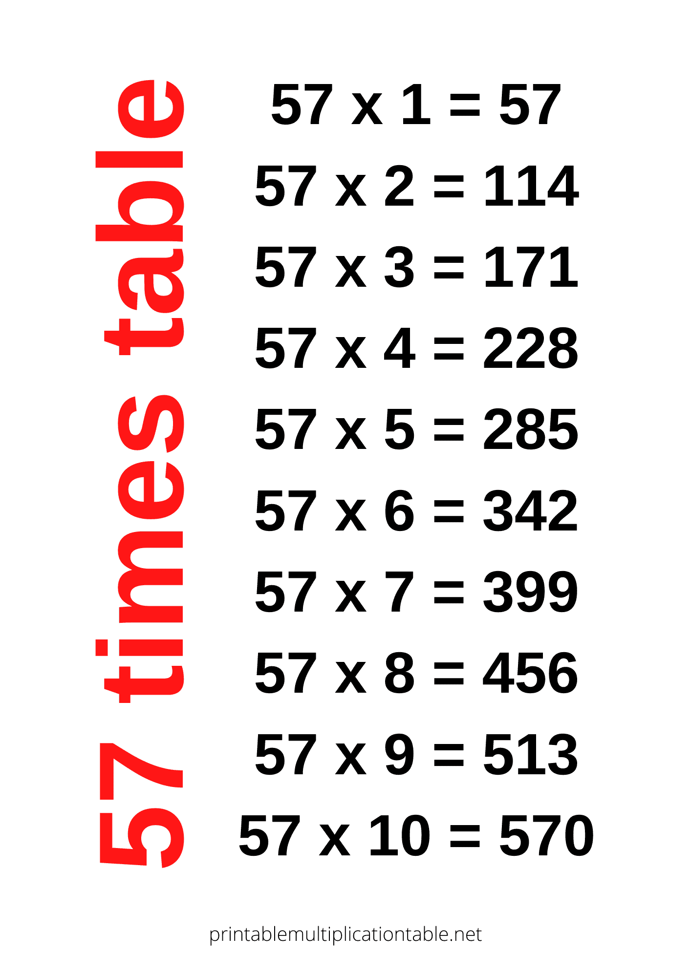 57 times table chart