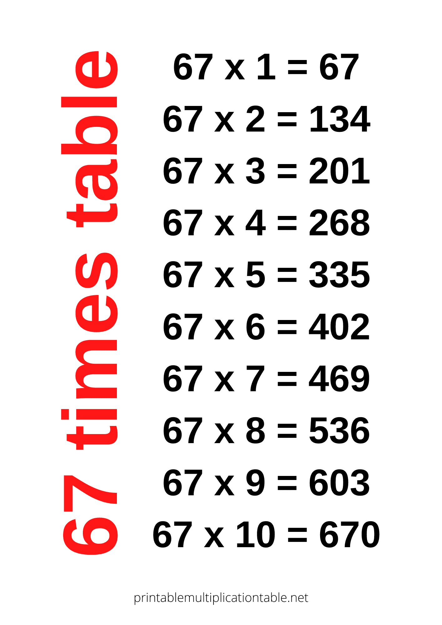 67 times table chart