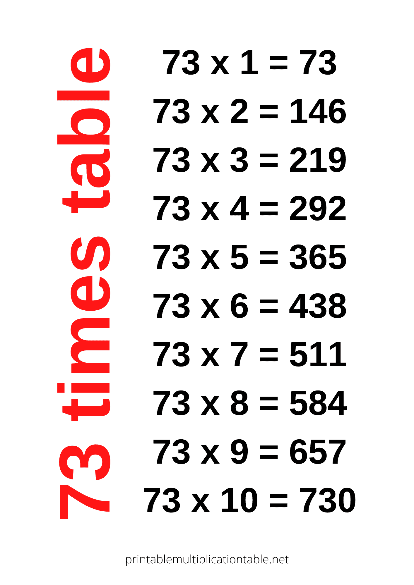 73 times table chart