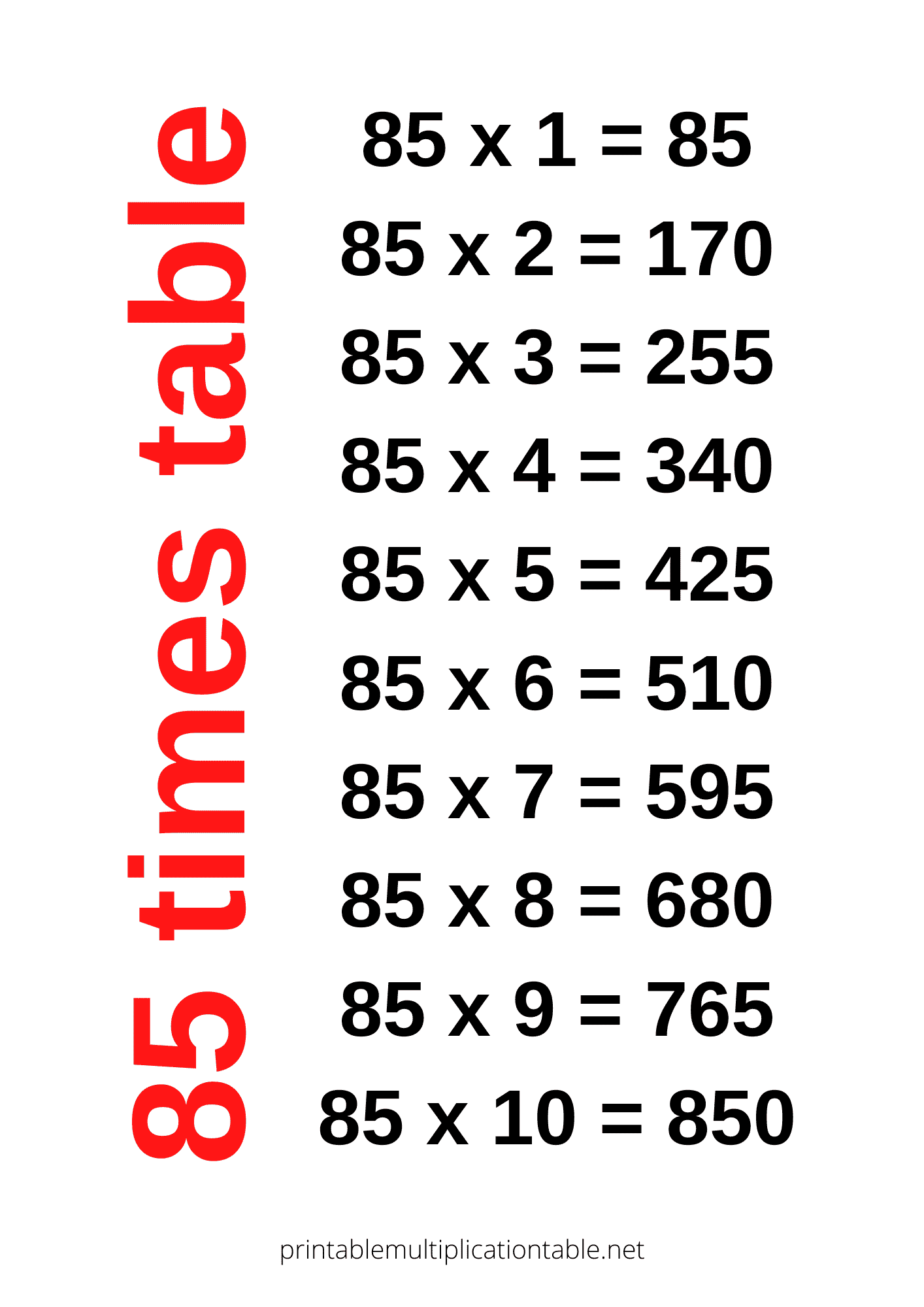 85 times table chart